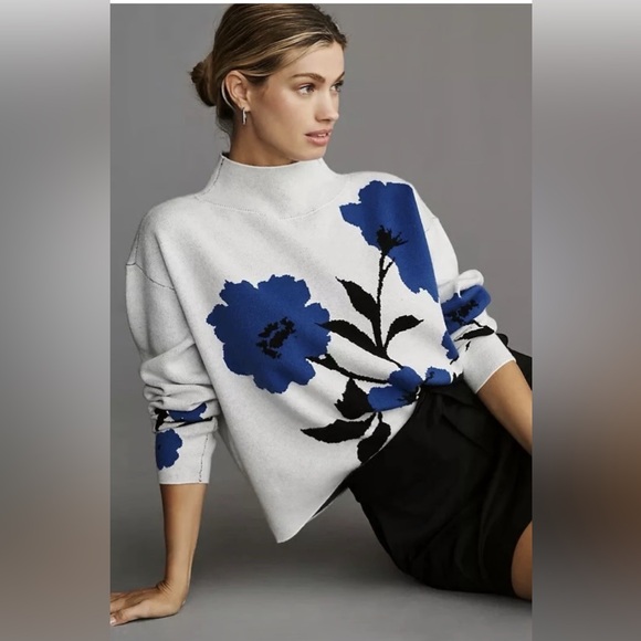 Maeve Sweaters - Anthropologie Maeve Carys Blue Floral Mock Neck Sweater, Size M